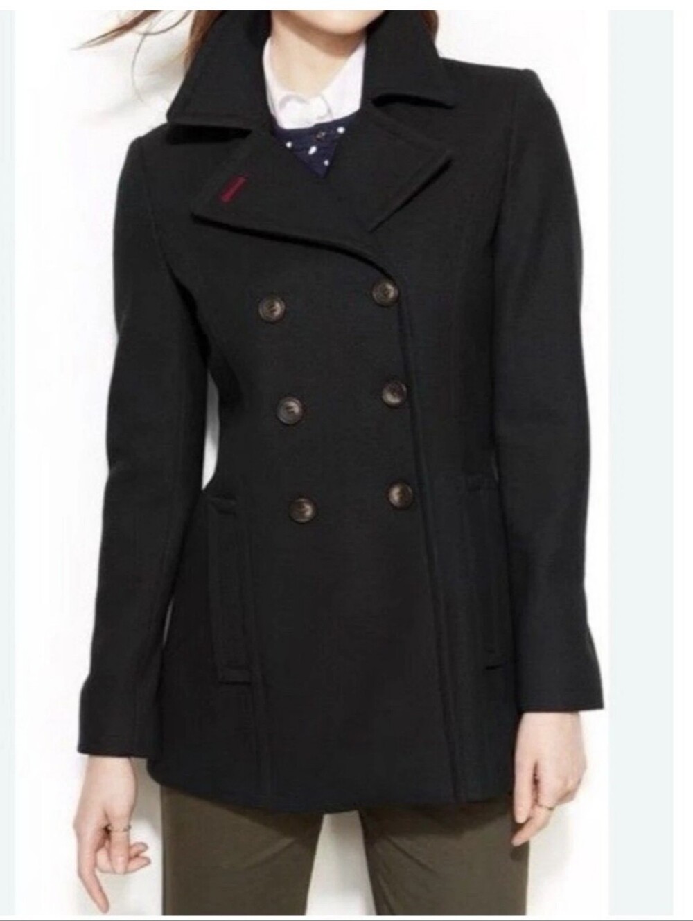 Tommy Hilfiger Women's Black Wool Blend Double Breasted Pea Coat Jacket Small S
